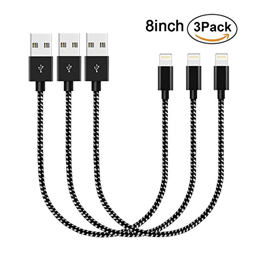 Lightning Cable,WZS 3Pack 8 Inch Short Braided Apple iPhone Charger Cable Charging Lead Cord USB Wire for iPhone 7/7 Plus/6S Plus/6 Plus/5/5S/5C/SE,iPad Pro/Air/mini,iPod(Black)