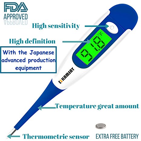 Best 2017 FDA Digital Medical Thermometer , Easy Accurate and Fast 10 Second Read Fever Body Temperature , Flexible Tip ,Waterproof for Baby ,Kids, Adults, Pets ,Oral, Underarm,Rectal (Blue)