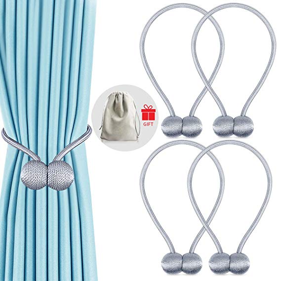 Fuyit Curtain Tiebacks Magnetic, Drape Tie Backs Holder Upgraded Durable Strong Magnets Decorative Rope Holdback for Window Sheer Drapes Home Office Without Drilling Silver(4 Pack)