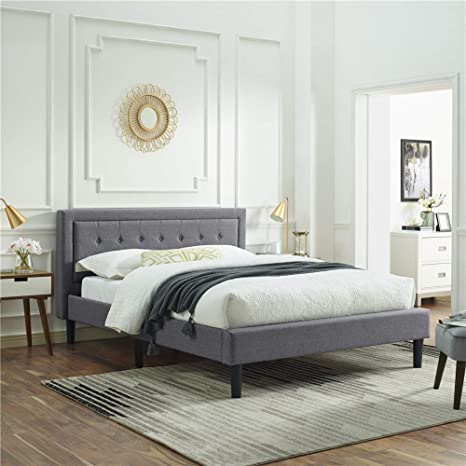 Vibe Mornington Upholstered Platform Bed | Headboard and Metal Frame with Wood Slat Support, Full, Light Grey