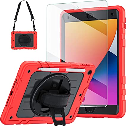 Blosomeet Case for iPad 9th Generation 10.2 Inch 2021 with Tempered Glass Screen Protector & Shoulder Strap,Protective iPad 8th/7th Generation Case Cover with Pencil Holder Hand Strap Stand,Red Black