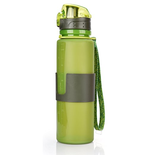 Qadou Collapsible Water Bottle BPA-Free 22 Ounce Foldable Silicone Eco Friendly Wide Mouth with 100 Percent Leak Proof Flip-top Lid Portable Mug for Cycling, Camping, Gym, Yoga, and Running