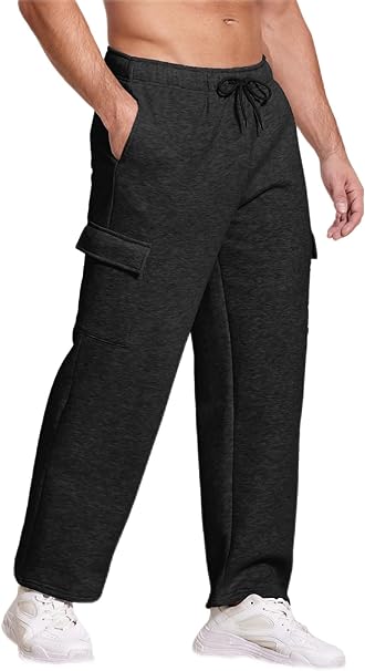 Deyeek Mens Fleece Lined Sweatpants Open Bottom Cargo Sweat Pants for Man Wide Leg Cotton Joggers Lounge Pants with Pockets