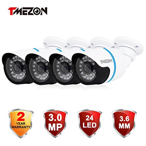 TMEZON 4 Pack 3.0MP Outdoor IP Camera PoE HD 2048TVL Waterproof 3.6mm Dome IR 1080P Onvif Network Security Camera Power Over Ethernet