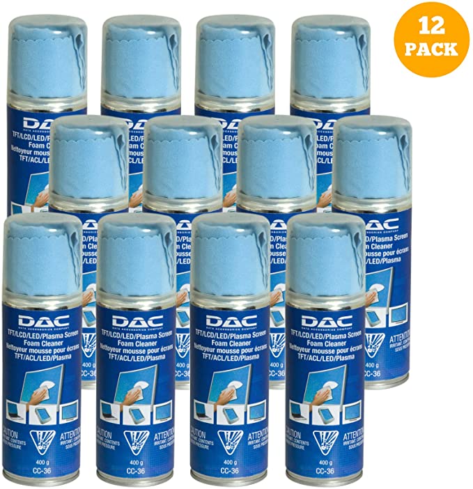 DAC Screen Cleaner Foam Spray - 400 mL Bottle with Microfiber Cleaning Cloth - Safe for All Screens - Computer, Laptop, Smartphone, ipad, Eyeglasses, Kindle, LED, LCD & TV, Electronics - 12 Pack