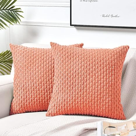 Fancy Homi 2 Packs Coral Decorative Throw Pillow Covers 18x18 Inch for Couch Bed Sofa, Modern Farmhouse Boho Home Decor, Soft Cute Plush Peach Corduroy Striped Cushion Case 45x45 CM