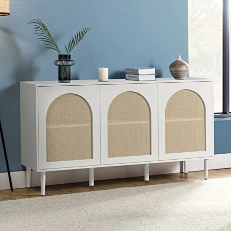 HULALA HOME Farmhouse Boho Sideboard Buffet Cabinet with 3 Rattan Doors and 3 Shelves, Kitchen Storage Credenza with Solid Wood Legs, Modern Accent Console Table for Living Room & Dining Room, White