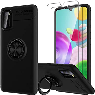 LK Case for Samsung Galaxy A41, [Ring Kickstand] Anti Scratch Shock Absorption Slim-Fit TPU Bumper Protective Case Cover with Screen Protection Tempered Glass[2 Pack] - Black