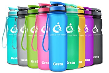 Grsta Sport Water Bottle 20oz/1L, Wide Mouth Leak Proof BPA Free Eco-Friendly Plastic Drink Best Water Bottles for Outdoor/Running/Hiking/Camping/Gym w Flip Top Lid & Filter Open with 1-Click