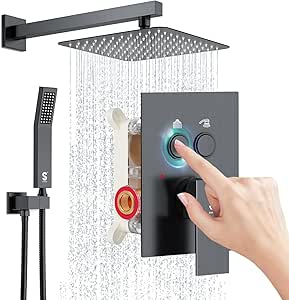 SR SUN RISE Shower System with Push Button Diverter, Wall Mounting Luxury 10 Inch Rain Shower Head with Handheld Spray, High Pressure Shower Faucet Combo Set with Rough-in Valve, Gunmetal Grey