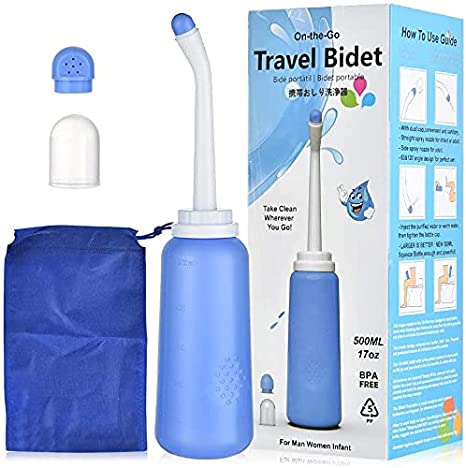 Portable Bidet Bottle - Peri Bottle for Postpartum Essentials Perineal Care - Travel Bidet with 2 Nozzles and Storage Bag for Baby, Women or Bedridden Patient | Travel Size Cleanser (500ml/17oz)