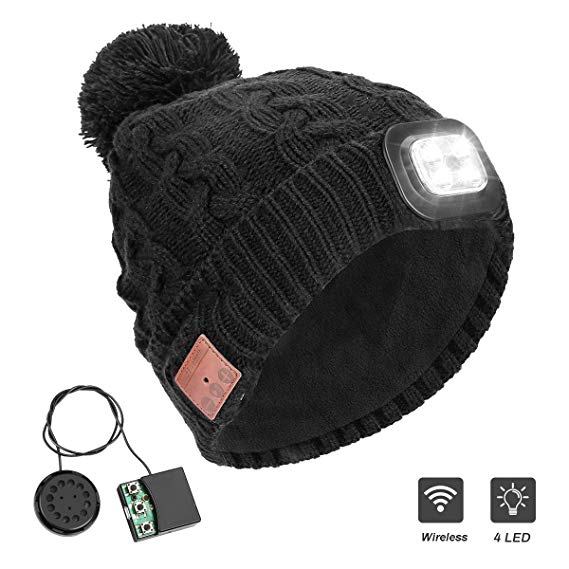 Number-one Wireless Beanie Hat with LED Headlight Handsfree Winter Warm Bluetooh Beanies Wireless Headphones Headset 5.0 Rechargeable Unisex Knitted Musical Cap for Running Skiing Camping Cycling