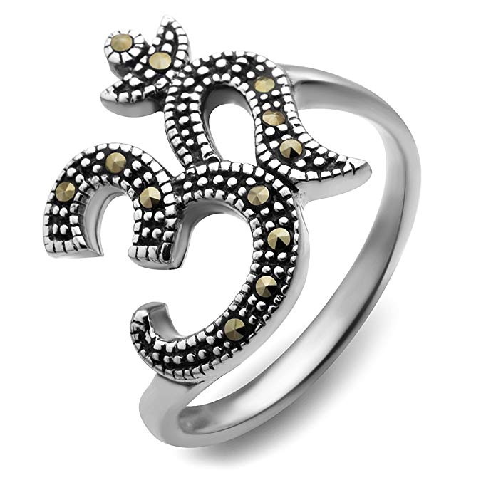 Chuvora 925 Sterling Silver Aum Om Ohm Symbol Marcasite Stone Meditation Yoga Sanskrit Band Ring