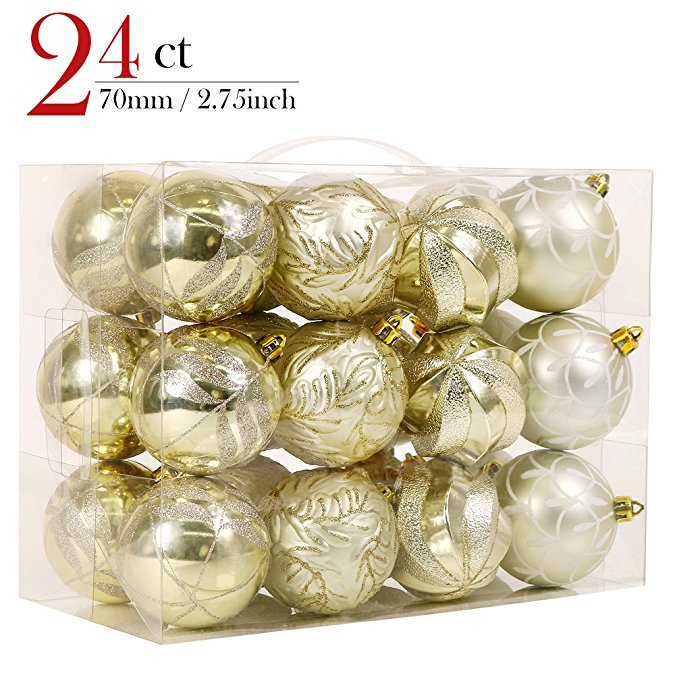 Valery Madelyn 24ct 70mm Luxury Collection Gold Beige Shatterproof Christmas Ball Ornaments Decoration 7cm/2.75inch, 24 Hooks Included, Themed with Tree Skirt(Not Included)