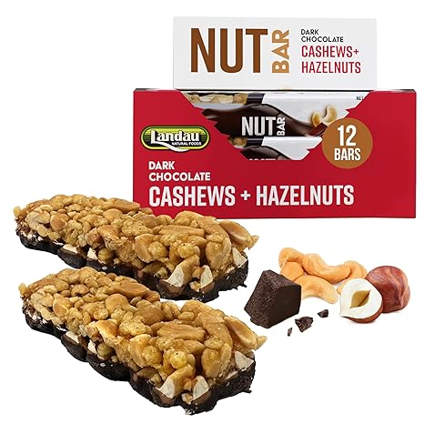 LANDAU – PROTEIN Nut Bar Snack - Dark Chocolate Cashew & Hazelnuts - Bulk Energy Breakfast Lunch Snack Bars with Healthy Nuts - Low Sugar Breakfast Protein Bars (12 Pack)