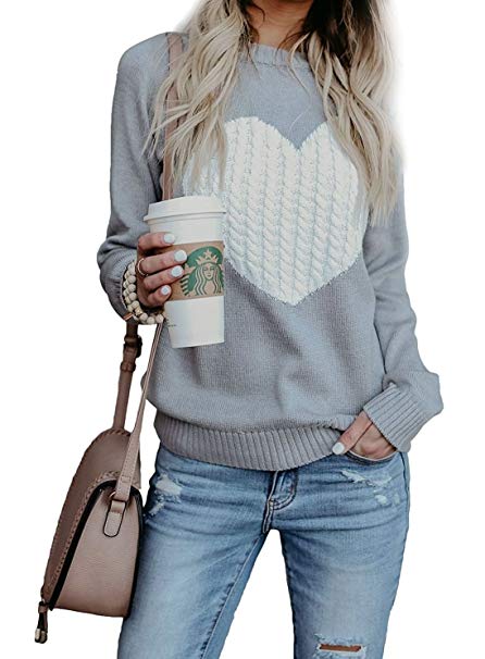 Mygoodie Womens Casual Cable Knitted Crewneck Heart Love Oversized Pullover Sweater