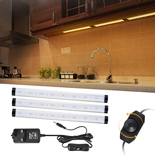 LED Under Cabinet Lighting Bar, Dimmable Kitchen LED Lighting Kit Wardrobe Closet Cupboard Light Strip with Interconnect Cable, 12W 3000K Warm White 3 * 30cm