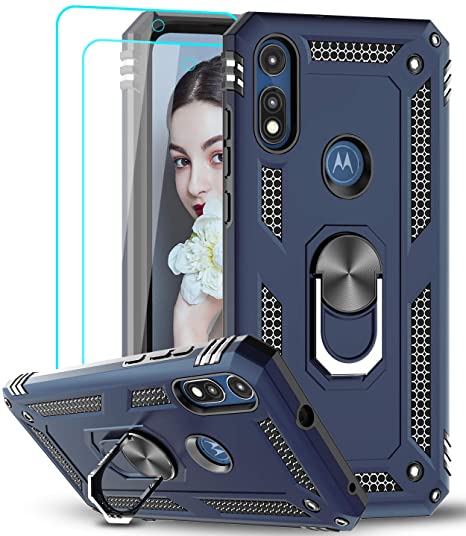 Moto E Phone Case (2020) with [2 Pack] Tempered Glass Screen Protector, LeYi Military-Grade Protective Phone Case with Magnetic Ring Kickstand for Motorola Moto E 2020, Blue