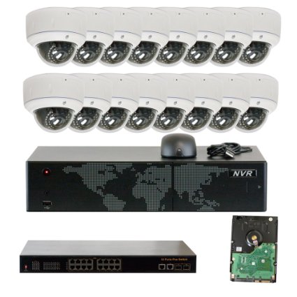 GW Security 16CH 1080P NVR Network IP Security Camera System - 16 x HD 1080P 5.0 Megapixel 2.8~12mm Varifocal Zoom 80ft IR PoE IP Dome Camera   4TB Hard Drive   16 Ports PoE Switch - Support ONVIF P2P Quick QR Code Remote Access