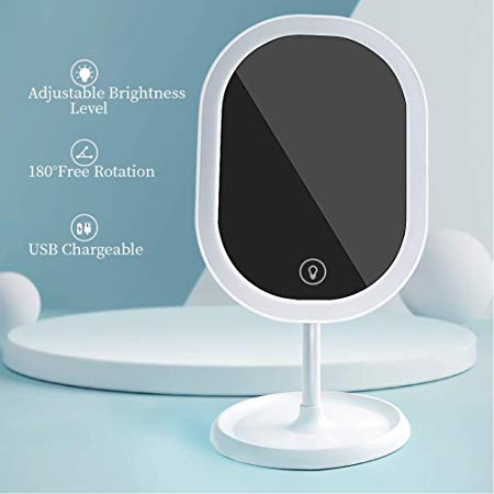 LED Lighted Makeup Mirror, 180 Degree Free Rotation, Adjustable Brightness Modes Portable Tabletop Cosmetic Mirror, USB Chargeable, Vanity Mirror(White)