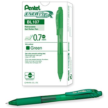 Pentel EnerGel-X Retractable Liquid Gel Pen 0.7mm Metal Tip Green Ink, Box of 12 (BL107-D)