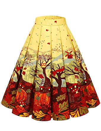 Bridesmay Women's Vintage Pleated Skirt Floral Printed A-line Swing Skirt with Pockets