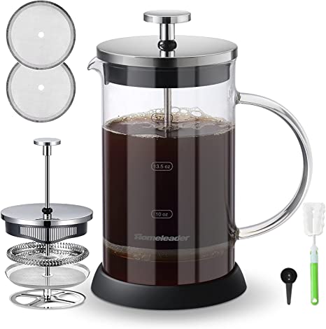 Homeleader French Press Coffee Maker, 21oz French Press with Borosilicate Glass and Non-slip Silicone Base, Coffee Press for Home, Camping and Office, Easy to Clean and Durable Heat Resistant, Silver