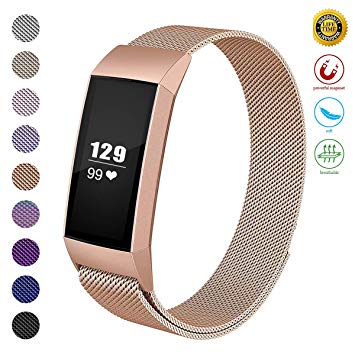 JOMOQ Metal Replacement Bands Compatible for Fitbit Charge 3 and Charge 3 SE Women Men Small Large, Stainless Steel Watch Accessory Wristband Magnetic Breathable Sport Bracelet Strap