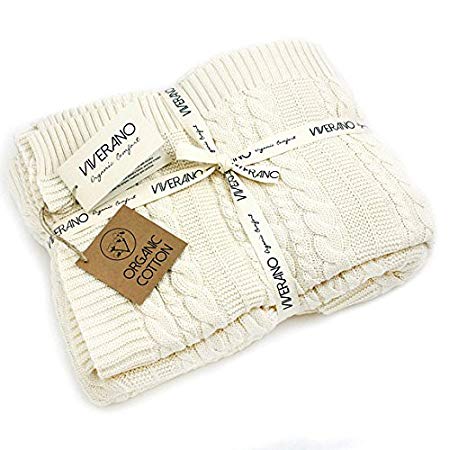 Viverano 100% Organic Cotton Throw Cable Knit Blanket (50"x70") Super Soft Warm Luxurious Hypoallergenic Dye-free Non-toxic Eco-friendly (Natural)