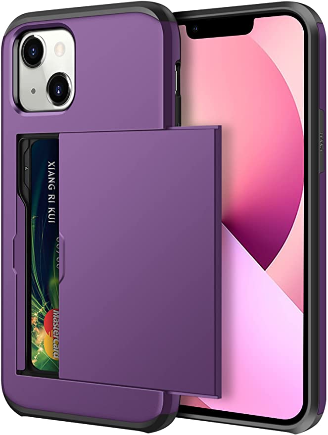 SAMONPOW Compatible with iPhone 13 Case with Card Holder Protective Case for Women Men Dual Layer Shockproof Heavy Duty Hard PC Soft Rubber Wallet Case Compatible with iPhone 13 6.1 inch Purple