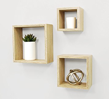 Kiera Grace Cubbi Contemporary Floating Wall Shelves,  5 by 5 Inch , 7 by 7 Inch , 9 by 9 Inch - Pale Natural Wood Finish, Set of 3