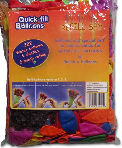 Quick Fill Balloons Refill Set 222 Top Quality Multi Colored Water Balloons   222 Self Tie Bands - Reload Quickly Your Bunch of Balloons with New Balloons and Refill It Again