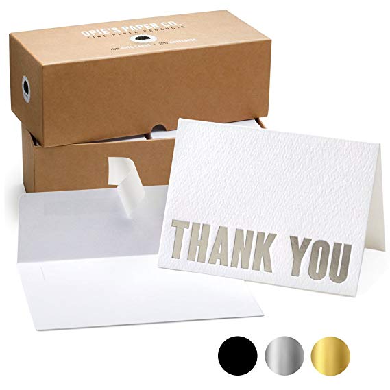 100 Letterpress Thank You Cards and Self Seal Envelopes - Opie’s Paper Company (Silver)