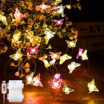 Mushroom Butterfly Cherry Blossoms LED String Lights,16.4 ft 50 LEDs Christmas Decorations Starry Lights, Battery and USB with Remote for Indoor Outdoor Garden Party Decoration (Butterfly)