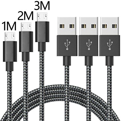 Micro USB Cable,ONSON 3Pack 1m 2m 3m Extra Long Premium Nylon Braided High Speed USB to Micro USB Charging Lead Cord Android Fast Charger for Samsung Galaxy S7/S6/S5/Edge,Note 5/4/3,HTC,LG,Nexus-Black