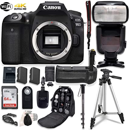 Canon EOS 90D Digital SLR Camera Bundle (Body Only) with Battery Grip & Professional Accessory Bundle (15 Items)