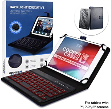 Cooper Backlight Executive Keyboard Case for 7-8 Inch Tablets | 2-in-1 Bluetooth Wireless Backlit Keyboard, Leather Folio, 7 Color Keys (Blue)