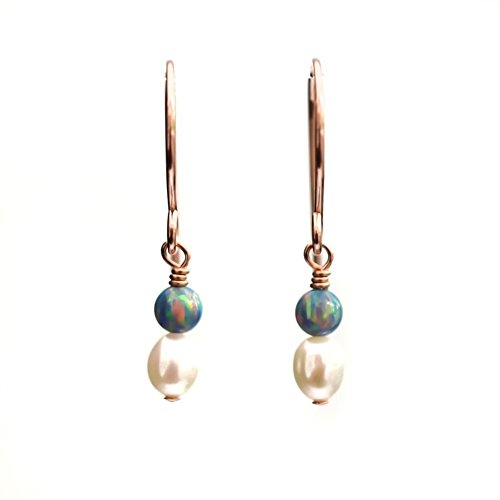 White freshwater cultured pearl earrings simulated opals dangle 14kt rose gold-filled June birthstone