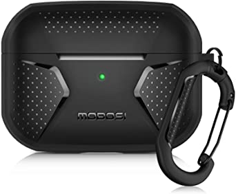 MOBOSI Net Series Silicone Airpods Pro Case Cover for AirPods Pro, Full-Body Rugged Shock Absorbing Protective Carabiner Compatible with Airpods Pro Wireless Charging, Black [Front LED Visible]