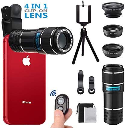 Phone Camera Lens, MSDADA Telephoto Lens Kit, 12X Optical Telescope, Fisheye, Wide Angle and Macro Lens, Retractable Tripod with Bluetooth Shutter for IPhone, Samsung, Most of Smartphones，Tablets