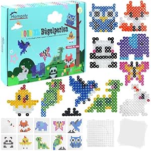 Homgaty Lot de 1000 perles à repasser de 10 mm - Taille XL - Avec plaque enfichable - 10 motifs d'animaux et papier à repasser - Kit créatif pour le bricolage - Pour enfants à partir de 3 ans