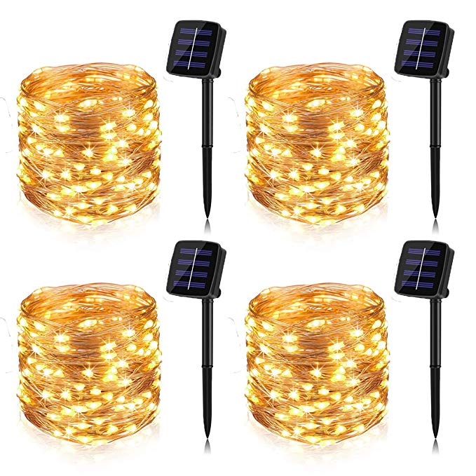 BINZET Solar String Lights, 33Ft 100LEDs Waterproof Decorative Copper Wire String Lights for Party, Patio, Garden, Gate, Yard, Wedding, Christmas (Warm White,4 Pack)