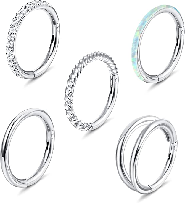 Jstyle 5Pcs 18G 16G Surgical Steel Nose Rings Hoop for Women Opal CZ Clicker Hinged Septum Nose Ring Lip Helix Cartilage Hoop Earring Daith Rook Conch Nose Piercing Jewelry for Women 8mm 10mm