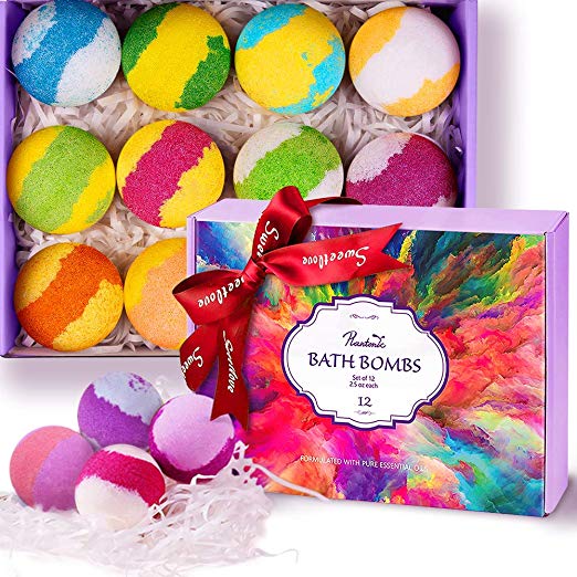 Bath Bombs Gift Set, Plantonic Multi-Colored Vegan Bath Bomb Set in Luxurious Gift Box for Birthday with Organic Essential Oils, Exclusive Floating Fizzies with Rich Bubbles, Pack of 12