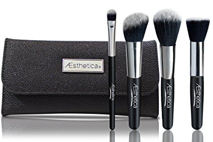 Aesthetica Cosmetics 4-Piece Premium Synthetic Contour and Highlight Makeup Brush Set for Powder, Foundation, Blending, Contouring and Highlighting Includes Carry Case- Vegan and Cruelty Free