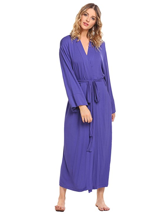 Langle Women's Bathrobe Casual Nightgown Flare Sleeve Solid Soft Wrap Long Robe With Belt Sleepwear S-XL