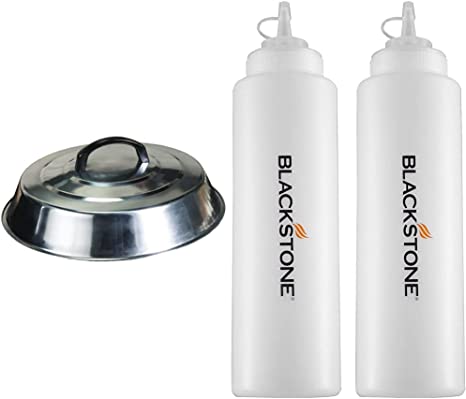 Blackstone Griddle Accessories - 12 Inch Round Basting Cover - Stainless Steel & 5071 Premium Leak-Free 32 oz Large Set of 2 Durable Clear Food Dispenser Squeeze Squirt Bottle Griddle Accessory