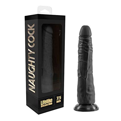 Naughty Cock Silicone Dildo - Slim, Realistic, Suction Cup - Sex Toy for Beginners, Vaginal, and Anal - 7.5 Inch (Black)