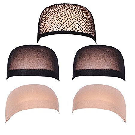 Fani 5 Pieces Nylon Wig Caps Natural Nude Beige and Black Color Stretchy Close End Wig Caps Black Mesh Open end Wig Caps