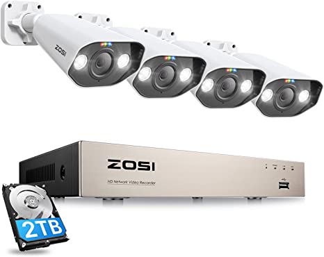 ZOSI 8CH 5MP Spotlight PoE Security Camera System with 2TB Hard Drive, 4Pcs 5MP Outdoor PoE IP Cameras with Two Way Audio,Color Night Vision,AI Human Detection,8CH NVR Recorder for Home 24-7 Recording